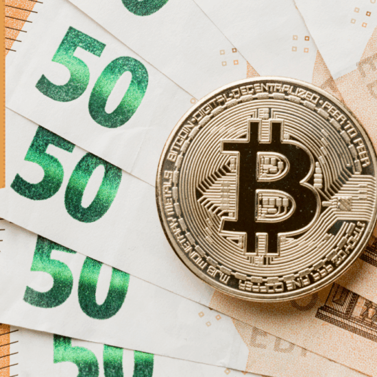 Bitcoin rising with green arrow, euro and dollar symbols declining with red arrows, representing contrasting market trends and currency volatility.