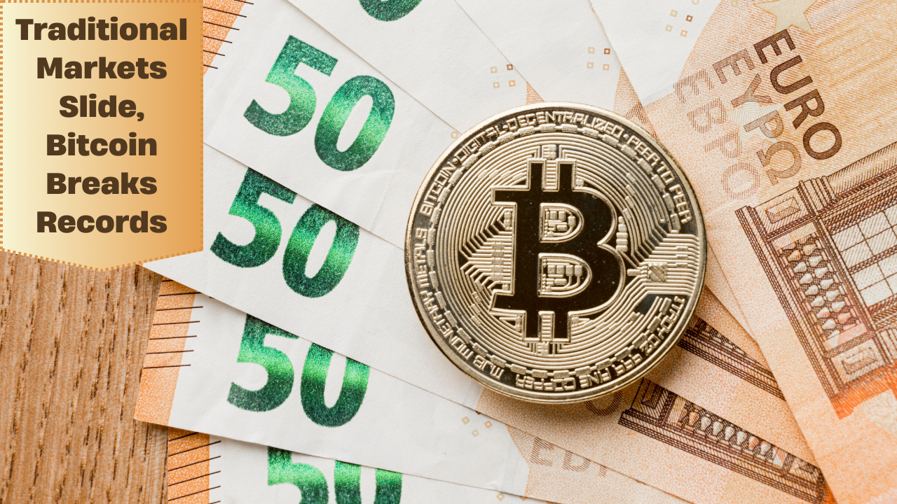 Bitcoin rising with green arrow, euro and dollar symbols declining with red arrows, representing contrasting market trends and currency volatility.