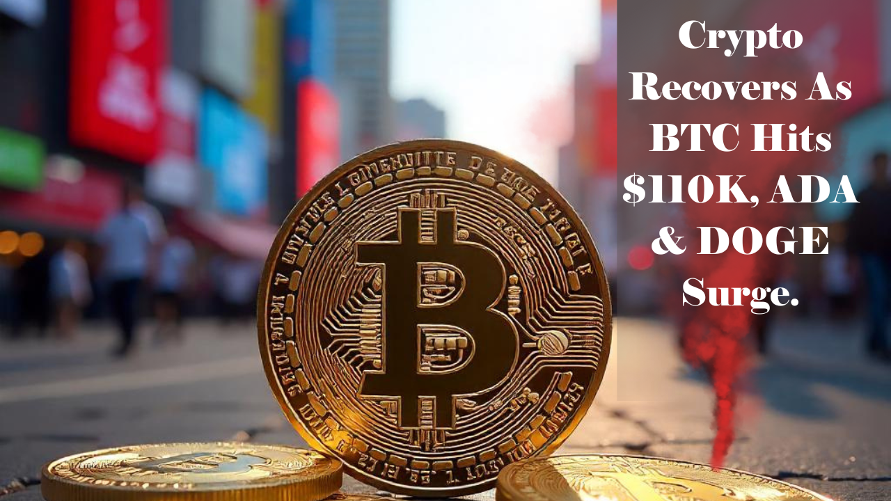 Bitcoin price chart rebounding with ADA and DOGE icons