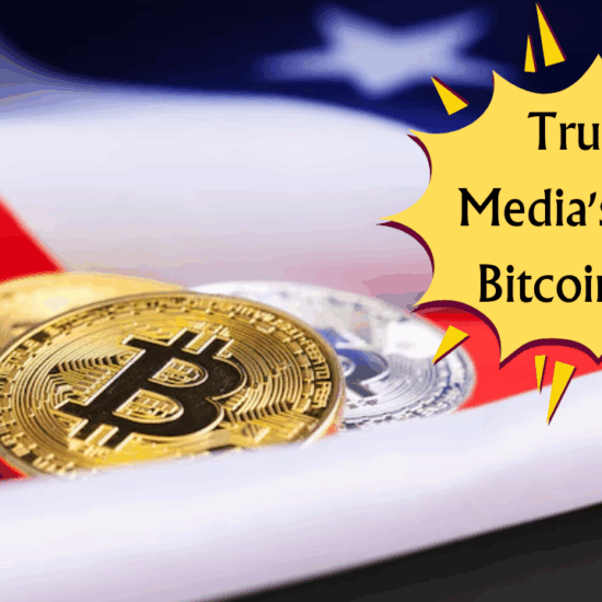 Trump Media logo and golden Bitcoin with US flag