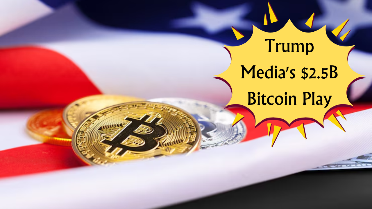 Trump Media logo and golden Bitcoin with US flag