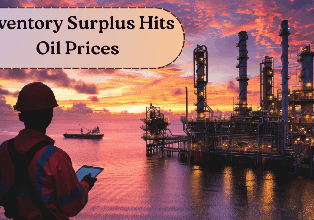 Person standing in front of large oil tankers, symbolizing the impact of rising oil inventories on global prices.