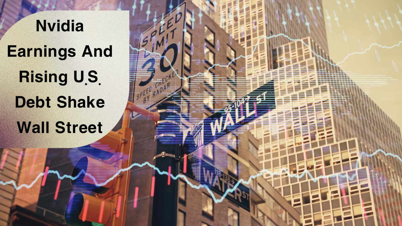 Wall Street sign with Nvidia logo and U.S. debt chart overlay
