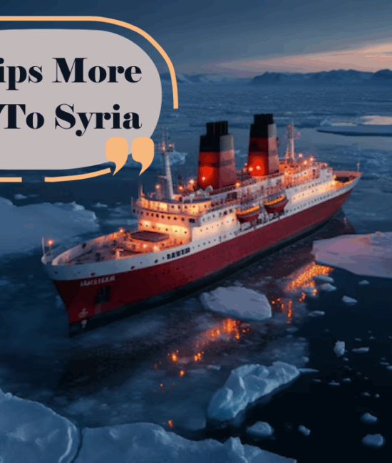 Oil tanker delivering Arctic crude to Syrian port with Russian flag in background