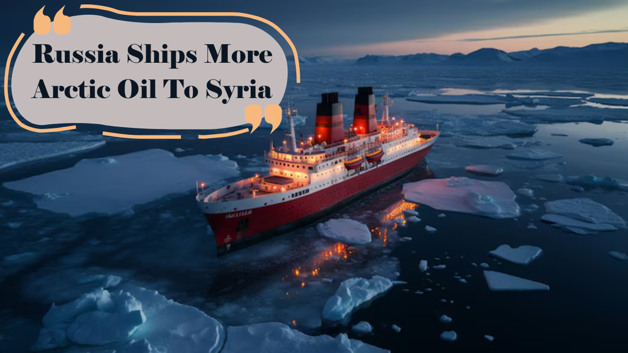 Oil tanker delivering Arctic crude to Syrian port with Russian flag in background