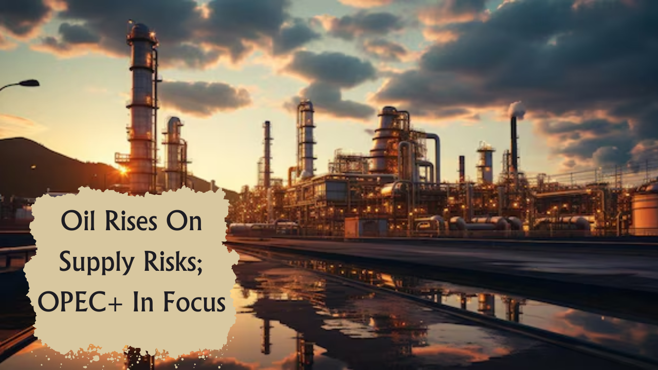 Oil rig during sunset with price charts showing Brent and WTI gains.