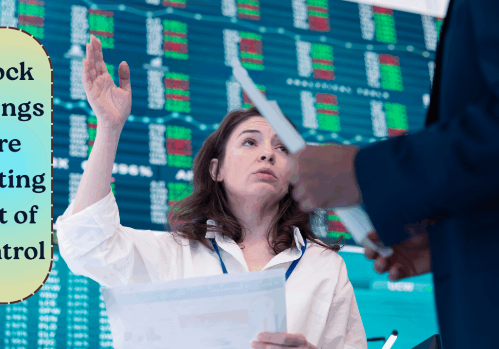 A professional woman standing in front of a large screen displaying stock charts and financial data, explaining market trends with gestures, wearing business attire in a modern office setting