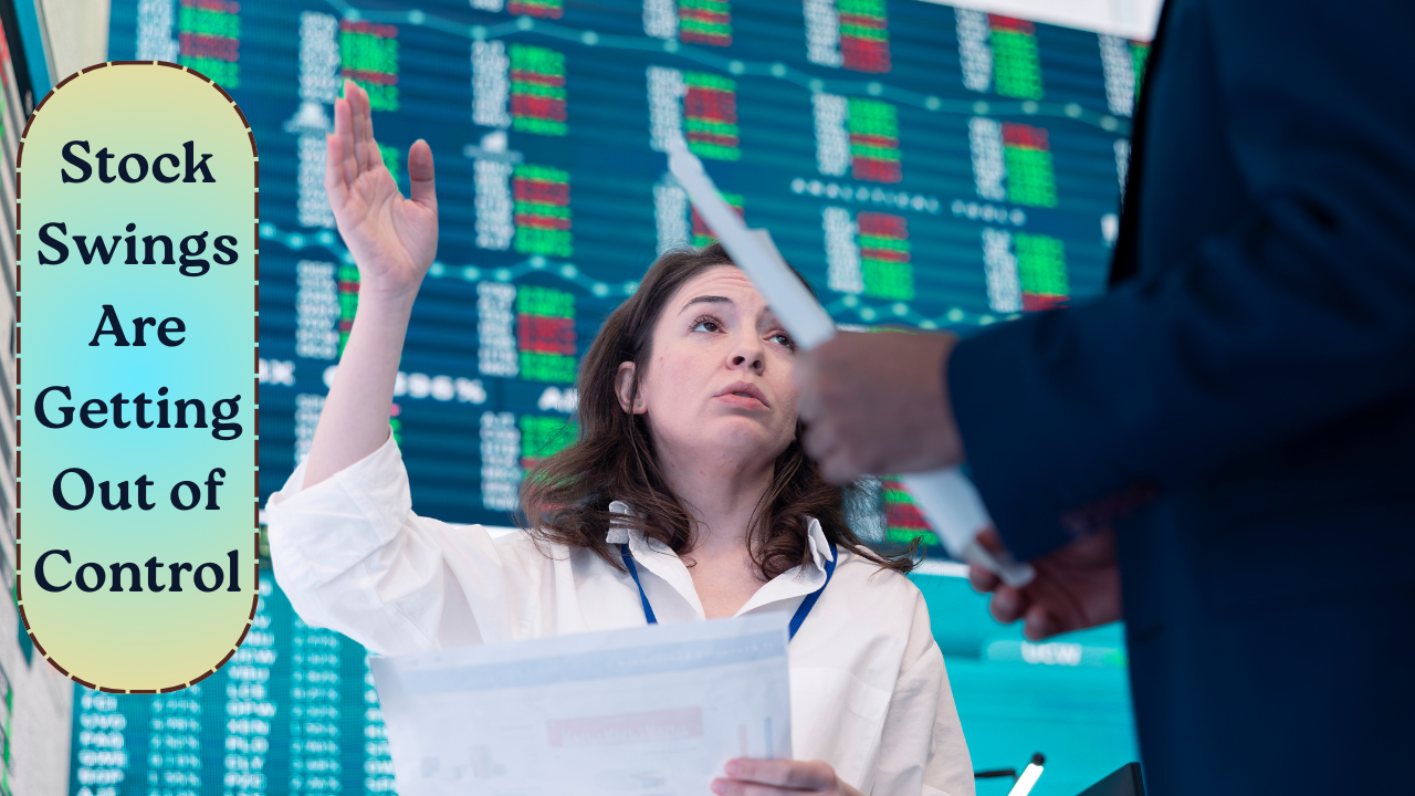 A professional woman standing in front of a large screen displaying stock charts and financial data, explaining market trends with gestures, wearing business attire in a modern office setting