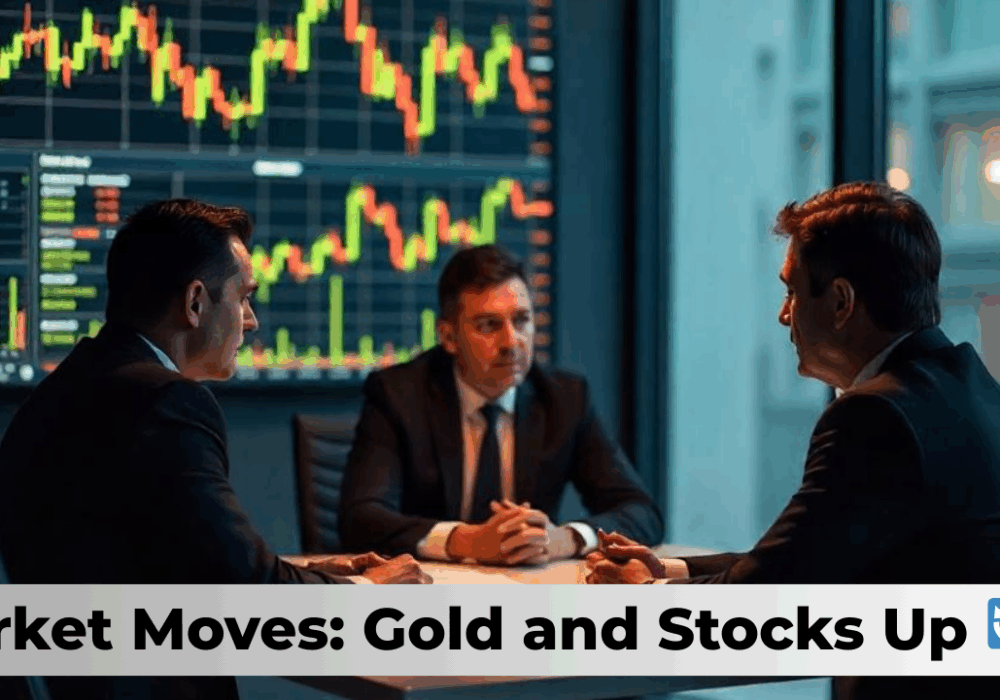 Business meeting with stock and gold market charts on screen