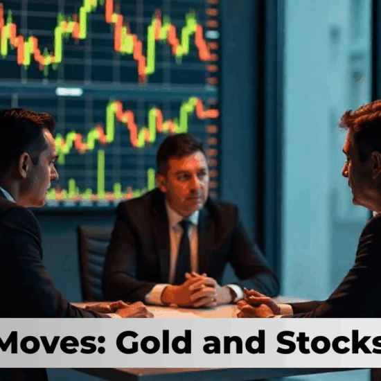 Business meeting with stock and gold market charts on screen