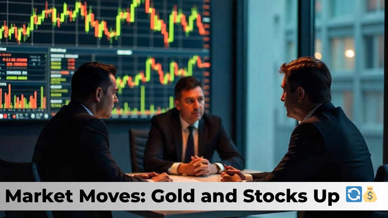 Business meeting with stock and gold market charts on screen