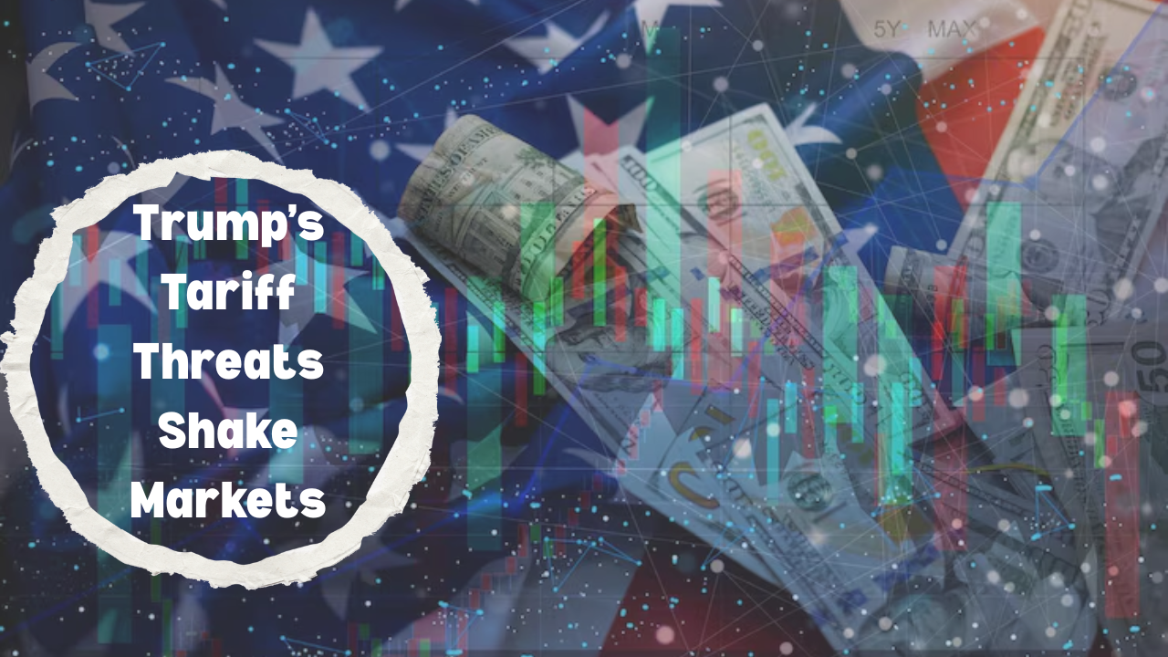 Stock market graph declining with U.S. flag in the background, symbolizing economic downturn and trade tension